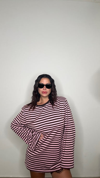 T shirt righine rosa e marrone