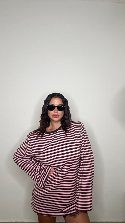 T shirt righine rosa e marrone